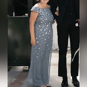 Adrianna Papell Off Shoulder Dress with Floral Embellishment